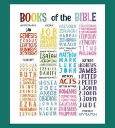 the book of the bible is shown in multicolored letters on a white background