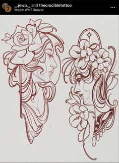 two drawings of women with flowers on their heads