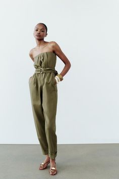 BELTED STRAPLESS LINEN BLEND JUMPSUIT - Khaki | ZARA United States Trench Coat Dress, Zara Jumpsuit, Linen Jumpsuit, Zara Pants, Swimwear Accessories, Linen Shirt, Linen Blend, Pant Jumpsuit, Sweater Cardigan