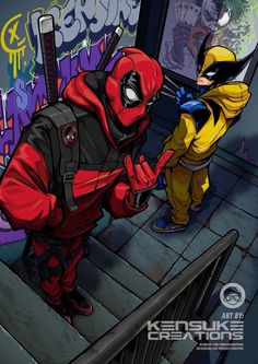 a man in a yellow jacket and red hoodie standing next to a deadpool