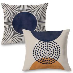 two pillows with blue and orange designs on the front, one has an abstract design