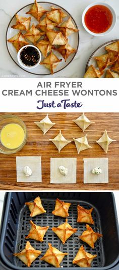 air fryer crepe wontons with dipping sauce on the side and other appetizers