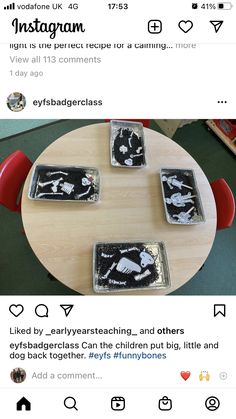 the table has four coasters on it and is decorated with black and white images