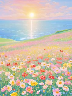 a painting of colorful flowers in the grass by the ocean with sun rising over the water