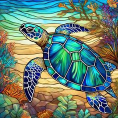 a stained glass painting of a turtle swimming in the ocean with seaweed and corals