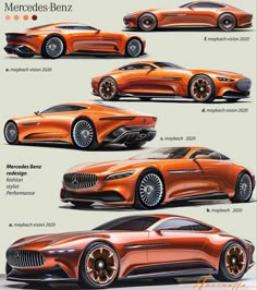 an orange car is shown in three different stages, including the front and back views