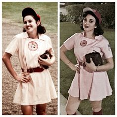 two pictures of women dressed in old school baseball uniforms, one is holding a ball and the other has a glove