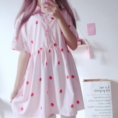 Cute Strawberry Print Chiffon Dress Strawberry Print Dress, Strawberry Dress, Print Chiffon Dress, Preppy Style Summer, Kawaii Fashion Outfits, Cute Strawberry, Strawberry Print, Heart Dress, Kawaii Clothes