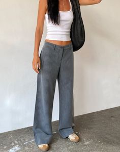 Abba Low Rise Trouser in Pinstripe Grey Low Waist Trousers Outfit, Pinstripe Trousers Outfit, Low Waisted Trousers, Form Outfits, Low Rise Trousers, 6th Form, Summery Outfits, Sixth Form, Spring Work