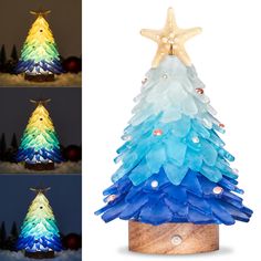 three different colored christmas trees are shown in the same image and each has a star on top