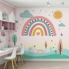 Stylish Girls room colorful wall art designs and aesthetic decor inspiration Rainbow Toddler Room Girls Bedroom, Rainbow Painted Walls Kids Rooms, Rainbow Childrens Bedroom, Rainbow Painting For Kids Room, Rainbow Bedroom Girl, Rainbow Mural Kids Room, Toddler Rainbow Room, Girl Rainbow Room, Rainbow Room Kids Girl Bedrooms