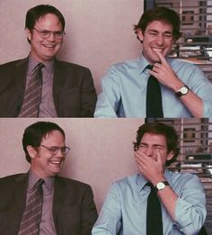 three pictures of a man smiling and laughing with his hands to his mouth, while wearing a suit and tie