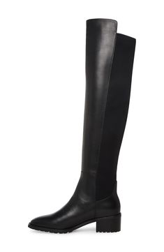 An over-the-knee silhouette and square toe bring total class to this block-heeled suede boot featuring a lug sole and stretch shaft. 1 1/2" heel (size 8.5) 19 3/4" shaft, 16 1/2" circumference (size 8.5) Leather upper and lining/rubber sole Imported Modern Leather Thigh High Heeled Boots, Modern Thigh High Leather Heeled Boots, Modern Thigh-high Leather Heeled Boots, Modern Over-the-knee Boots For Fall, Sleek Leather Over-the-knee Boots, Leather Over-the-knee Platform Boots For Fall, Modern Over-the-knee Leather Boots, Wide Calf Over The Knee Heeled Boots For Workwear, Wide Calf Over-the-knee Heeled Boots For Work