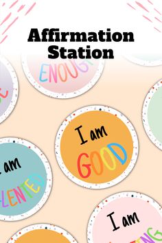 the words affirmation station are arranged in different colors and shapes, with an orange background