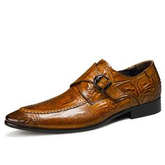 Upgrade your look effortlessly with these slip-on dress shoes styled in British fashion. The genuine leather upper provides a touch of luxury. Featuring an alligator pattern, they add a dash of unique glamour. The pointed-toe shape adds sophistication to your ensemble. The buckle enhances the overall aesthetic. Crafted with a durable rubber outsole and luxurious pig split insole, owning these dress shoes is a wise fashion choice.SpecificationsBrand Name: GeraldBlack Shoes Type: BasicOrigin: Mainland ChinaUpper Material: Genuine LeatherUpper-Genuine Leather Type: Cow LeatherPattern Type: Animal PrintsModel Number: SHOE-tR-1203Insole Material: Pig SplitFit: Fits true to size, take your normal sizeLining Material: Genuine LeatherLining-Genuine Leather Type: PigskinClosure Type: Slip-OnSeason: Alligator Pattern, Casual Oxford Shoes, Brown Dress Shoes, Slip On Dress Shoes, Leather Brogues, Business Dress, Brogue Shoes, Leather Belts Men, British Fashion