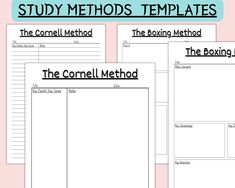 three worksheets with text that says, study method templates the corner method