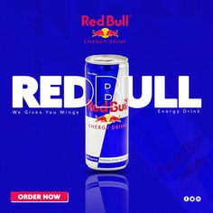 red bull energy drink advertisement with blue background and white lettering on the bottom right corner