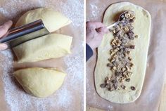 two pictures side by side showing dough being rolled up and then topped with walnuts