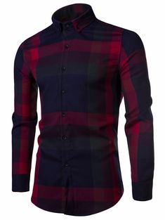 Plaid Print Button Down Shirt - Red Wine - 3582593016 - Men's Clothing, Men's Tops & T-Shirts, Men's Shirts  #MensShirts #Men's #Clothing # #Men's #Tops #& #TShirts # #Men's #Shirts Luxury Men's Plaid Tops, Red Shirt With Button Closure And Casual Collar, Red Tops With Buttons And Casual Collar, Red Slim Fit Tops For Fall, Burgundy Long Sleeve Shirt For Fall, Red Shirt With Casual Collar For Fall, Red Slim Fit Cotton Shirt, Red Slim Fit Casual Top, Red Cotton Tops With Casual Collar