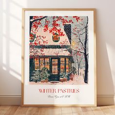 a painting on the wall in front of a window that reads winter pastries, along with potted plants and trees