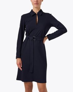 Bring effortless style to your wardrobe with the navy Dorema dress from Max Mara Leisure. With a front keyhole cut-out, this mini silhouette features a spread collar and a removable belt for a flattering finish. Pair it with drop earrings, a handbag, and heels for a refined occasion-ready look. Navy Button-up Dress For Work, Navy A-line Cotton Dress, Navy Fitted Button-up Dress, Blue Chambray Button-up Dress, Non-stretch Medium Wash Denim Dress With Button Closure, The Navy, Navy Dress, Collar Dress, Max Mara