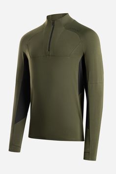 a green top with black details on the chest and sleeves, in front of a white background