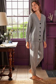 Vesper Jogger Set in Gainsboro Gray V-neck Cardigan With Button Closure For Loungewear, Relaxed Fit Cardigan With Button Closure For Loungewear, Buttoned Cardigan For Fall Loungewear, Fall Loungewear Cardigan With Buttons, Winter Loungewear Ribbed Cardigan, Winter Ribbed Cardigan For Loungewear, Comfortable Loungewear Cardigan, Cozy Ribbed Cardigan For Loungewear, Comfortable Soft Knit Cardigan For Loungewear