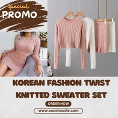 Elevate your fashion game with our Women's Korean Fashion Twist Knitted Sweater Set! 🌟👚 This set is designed to keep you stylish and cozy. Step into the world of Korean-inspired fashion with confidence. Get yours now and make a chic statement! #KoreanFashion #ChicStyle #OnlineShopping #UpgradeYourWardrobe #CozyKnits #ConfidentlyStylish #SweaterSet #EverydayElegance #FashionForward #ChicStatement #KoreanStyle #StepConfidently Knit Long Sleeve Sets For Fall, Winter Long Sleeve Knit Sets, Winter Knit Long Sleeve Sets, Fitted Crew Neck Set For Fall, Casual Ribbed Sets For Fall, Casual Knit Sets For Winter, Knit Long Sleeve Sets For Spring, Trendy Long Sleeve Sets For Winter, Fitted Knit Casual Sets