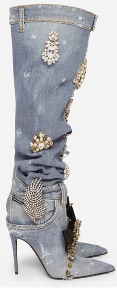 Denim Boots Outfit, Denim Knee High Boots, Rhinestone Boots, Denim And Diamonds, Design 2023, Shoes Design, Denim Boots, Crystal Shoes