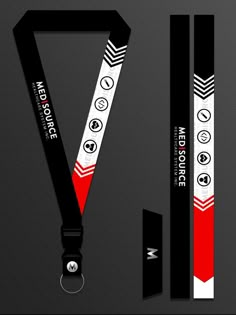 a black and white lanyard with red accents