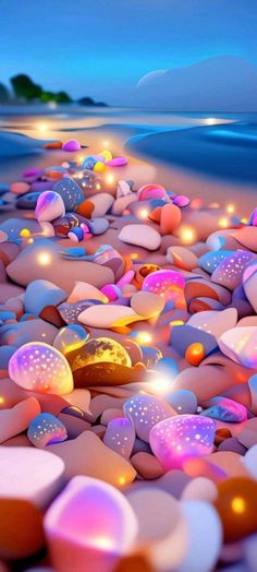 the beach is covered in many different colored rocks and pebbles, as well as lights