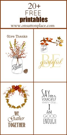 four free printables for thanksgiving cards with autumn leaves and branches in mason jars