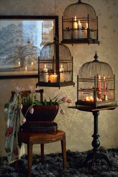 two pictures side by side, one with a birdcage and the other with candles in it