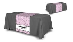 two tables covered in gray and pink tablecloths with name on the front one