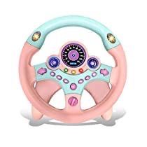 a pink and blue steering wheel with buttons on the front, sitting in front of a white background