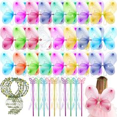 several different colored butterfly wands and hair accessories for children to use on their hair