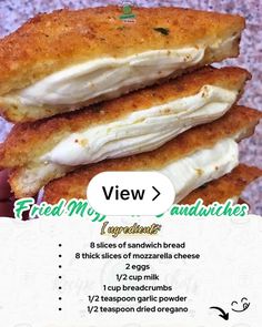 an advertisement for fried mozzarella sandwiches with information about the recipe and ingredients on it