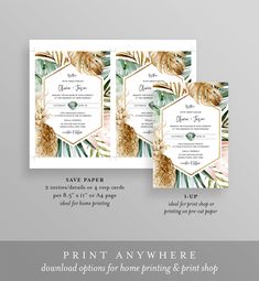 the tropical pineapple wedding suite is shown in three different colors and sizes, including gold foil