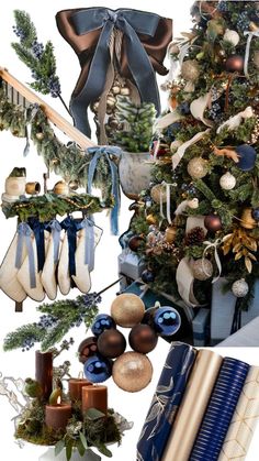 a christmas tree decorated with blue and gold baubles, ribbons, ornaments and bows