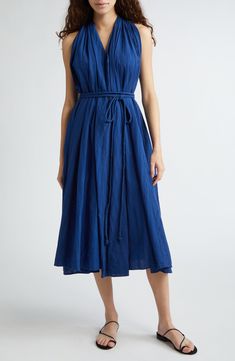 Serve up casual-chic vibes in this sleeveless midi dress framed by a racerback and cinched by a removable robe belt. Slips on over head Deep V-neck Sleeveless Side-seam pockets 100% cotton Dry clean Imported Chic Sleeveless Belted Dress For Daywear, Chic Sleeveless Belted Dress For Spring, Spring Midi-length Belted Dress With Tie Fastening, Sleeveless Belted Maxi Dress For Daywear, Sleeveless Belted Midi Dress For Casual Occasions, Sleeveless Belted Midi Dress For Casual Wear, Summer Midi Length Belted Dress With Tie Fastening, Summer Midi Length Belted Dress For Daywear, Casual Belted Sleeveless Midi Dress