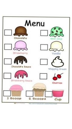 an ice cream menu with different types of ice creams on the top and bottom