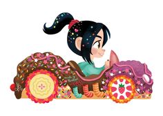 a cartoon girl riding on top of a toy car with an animal in the back