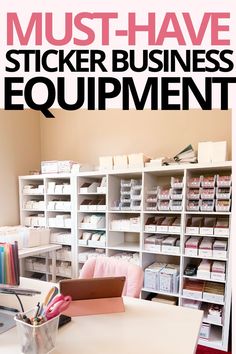 MUST-HAVE STICKER BUSINESS EQUIPMENT: Sticky shop studio inventory, organized shelf of stationery and sticker shop inventory Start A Sticker Business, Starting An Etsy Business, Start A Podcast, Sticker Business, Small Business Organization, Small Business Plan, Small Business Packaging Ideas, Small Business Advice