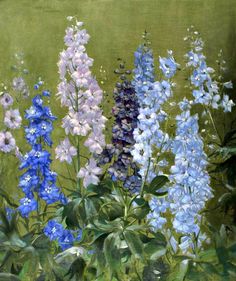 an oil painting of blue and white flowers