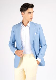 The Ellis Icy Blue Stretch Blazer is a fashionable and welcoming piece crafted from a soft powdery blue stretch fabric. This stylish custom made jacket provides a bright and clean look, sure to make a statement. Classic Light Blue Long Sleeve Outerwear, Light Blue Long Sleeve Suits For Spring, Light Blue Long Sleeve Suit For Spring, Spring Light Blue Business Blazer, Light Blue Long Sleeve Business Blazer, Light Blue Single Breasted Long Sleeve Blazer, Formal Light Blue Long Sleeve Blazer, Light Blue Single-breasted Long Sleeve Blazer, Light Blue Long Sleeve Blazer For Formal Occasions