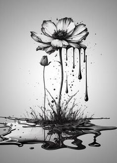 black and white photograph of flowers with dripping water on the ground in front of it