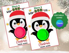 two christmas cards with a penguin holding a green frisbee in front of snowflakes