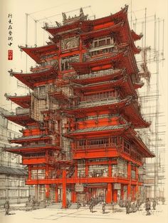 Chinese Buildings Aesthetic, Chinese Architecture Aesthetic, China Building Drawing, Chinese Buildings Drawing, Architecture Posters Design, Asian Architecture Drawing, Chinese Building Illustration, Chinese Building Drawing, Architect Aesthetic Wallpaper