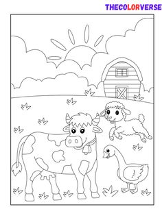 a farm scene with cows and chickens in the field coloring pages for kids, printable