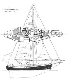 a drawing of a sailboat with its sails down and the front end in perspective